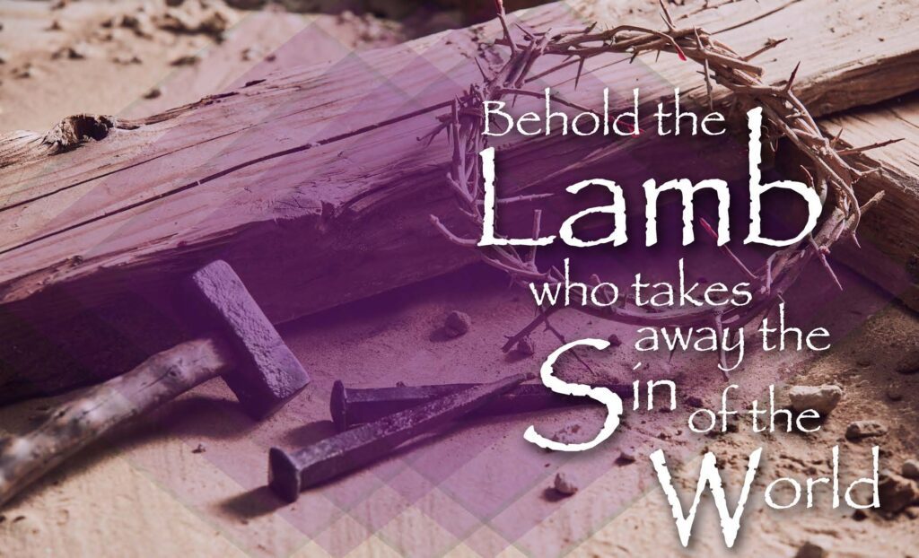 Rusty nails and a wooden cross on a purple background with a religious quote.