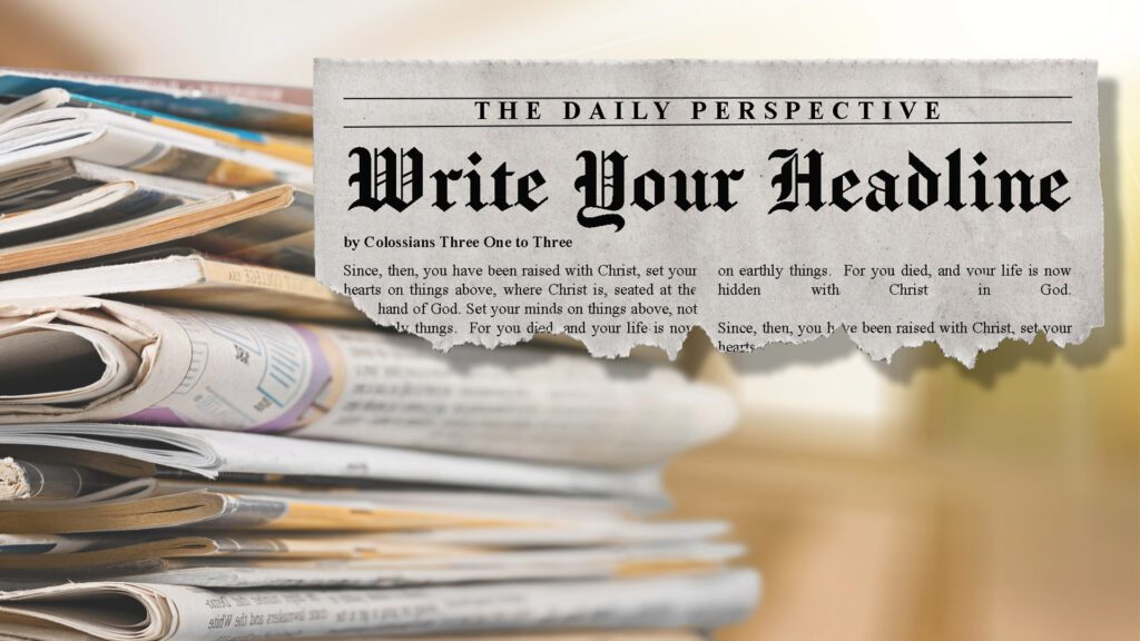 A newspaper titled 'Write Your Hea' with a stack of newspapers below.