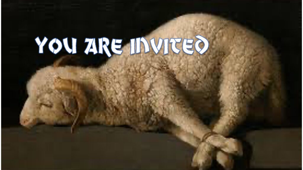 A lamb lying down with 'YOU ARE INVITED' text above it.