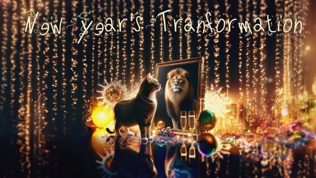 A festive scene with cats and a lion's reflection under sparkling lights.