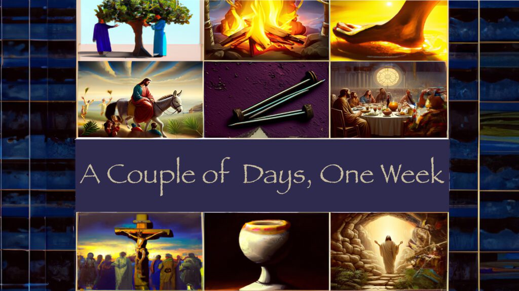 A collage depicting biblical scenes and symbols of faith and spirituality.