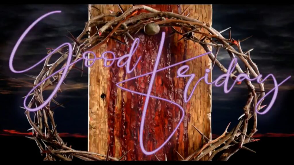 Neon sign reading 'Good Friday' surrounded by a crown of thorns.