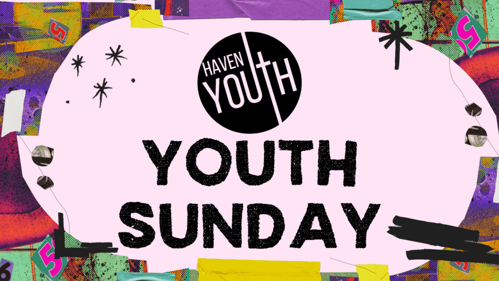 Bright graphic promoting Youth Sunday with bold text and colorful accents.