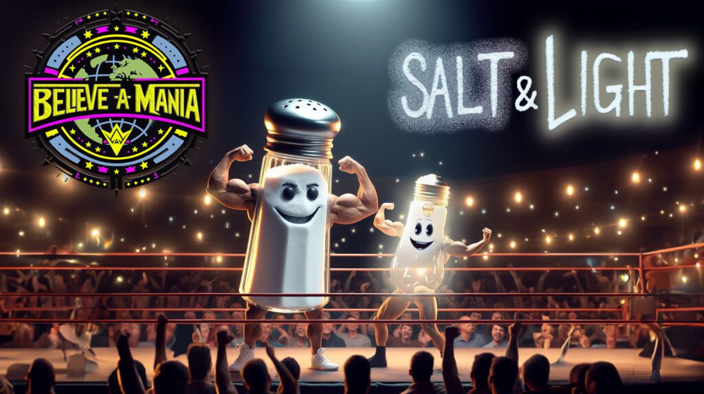 Animated salt and pepper shakers boxing in a lively arena.