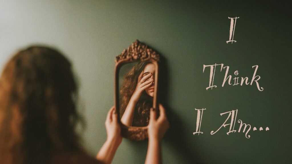 Person looking at their reflection in an ornate mirror.