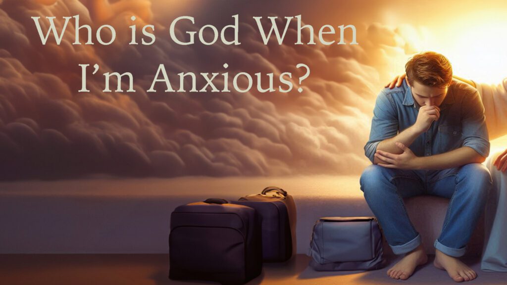 A woman sits anxiously with luggage under a cloudy sky, pondering God's presence.