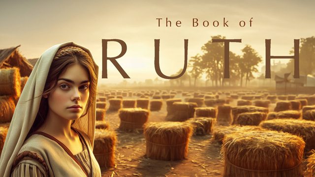 A woman stands in a field of hay bales with the title 'The Book of Ruth'.