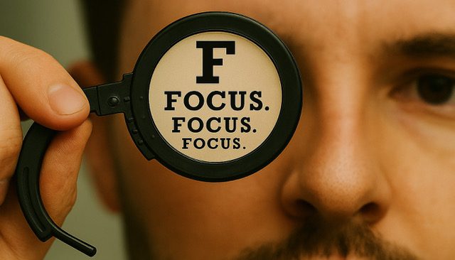 Magnifying glass highlighting the word 'FOCUS' in bold letters.