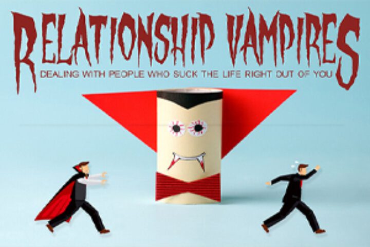 Cartoon vampire chasing two people