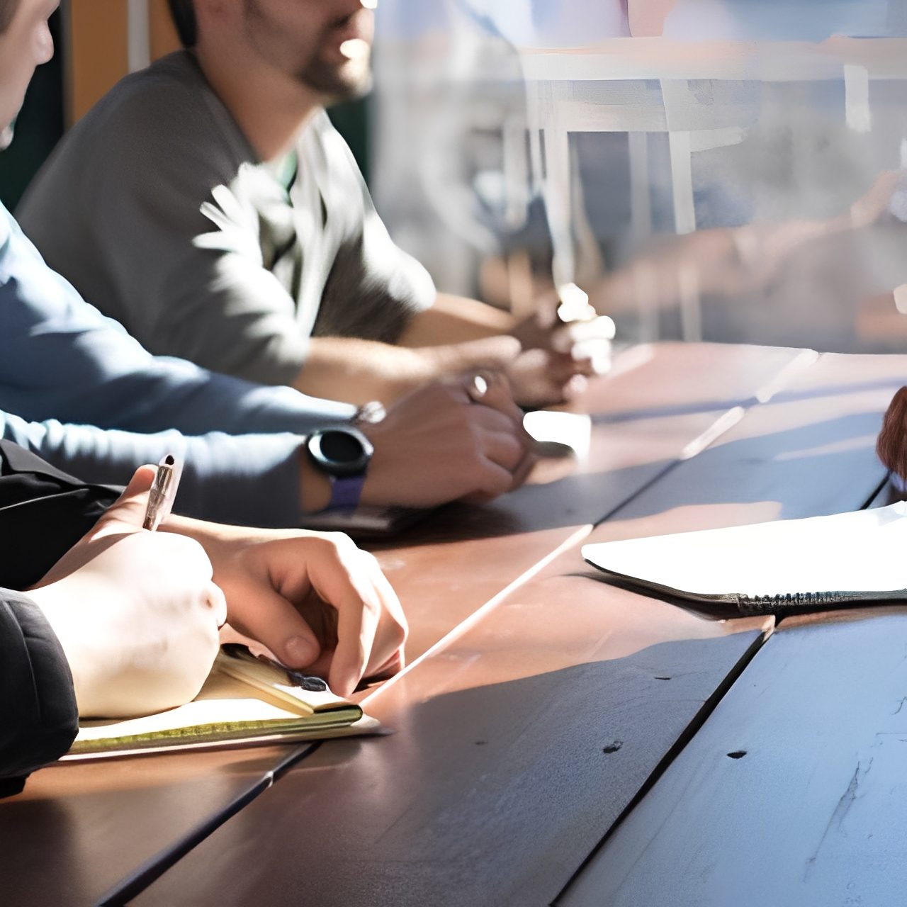 Group discussion around a wooden table