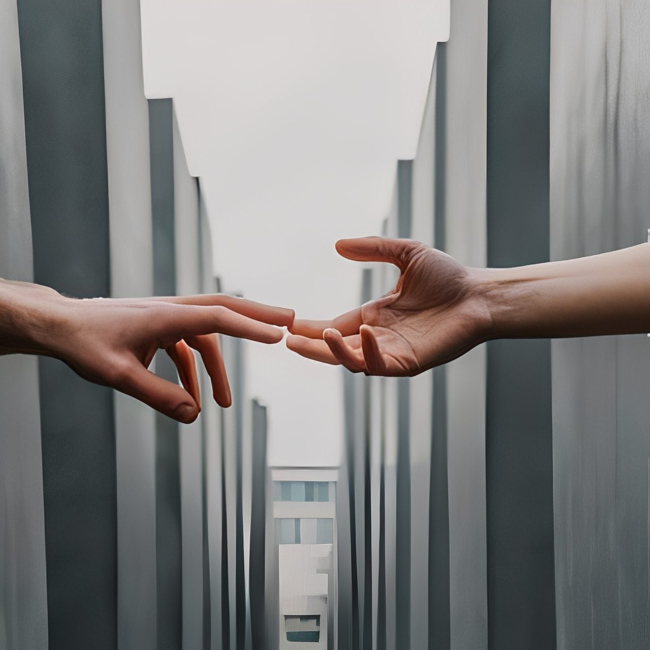 Architectural backdrop with reaching hands