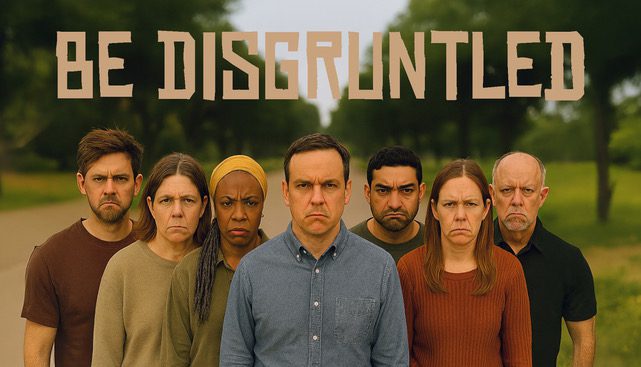 A diverse group of serious people with the word 'DISGRUNTLED' above them.