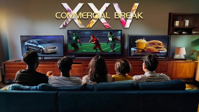 Four people watch TV during a commercial break with vibrant screen images.