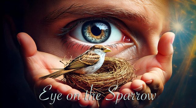 A close-up of a blue eye observing a sparrow in a nest held in hands.