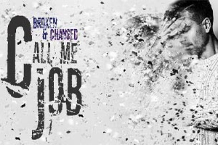 Man dissolving into fragments with text