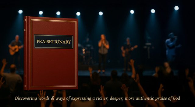 A red dictionary on a stage with a band performing in the background.