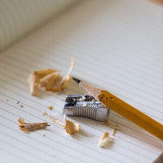 Pencil shaving mess on notebook