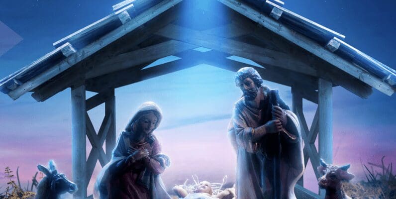 A serene nativity scene with Mary, Joseph, and baby Jesus under a glowing light.