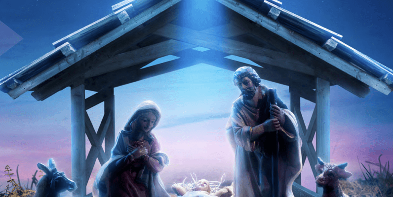 A serene nativity scene with Mary, Joseph, and baby Jesus under a glowing light.