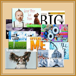 A colorful collage featuring various themes including travel, pets, and vibrant designs.