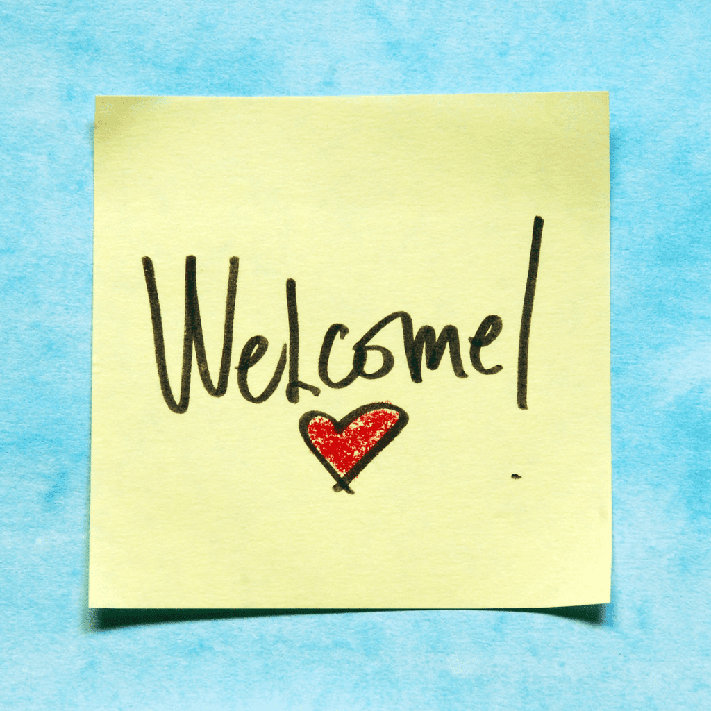 Yellow sticky note, welcome message