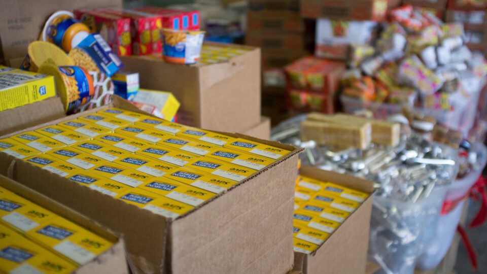 Boxes of packaged food items