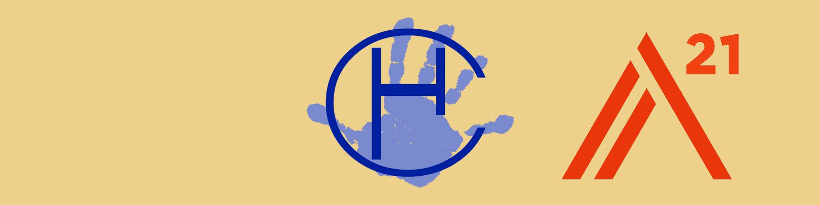 Blue handprint with a blue H inside a blue circle on beige background.