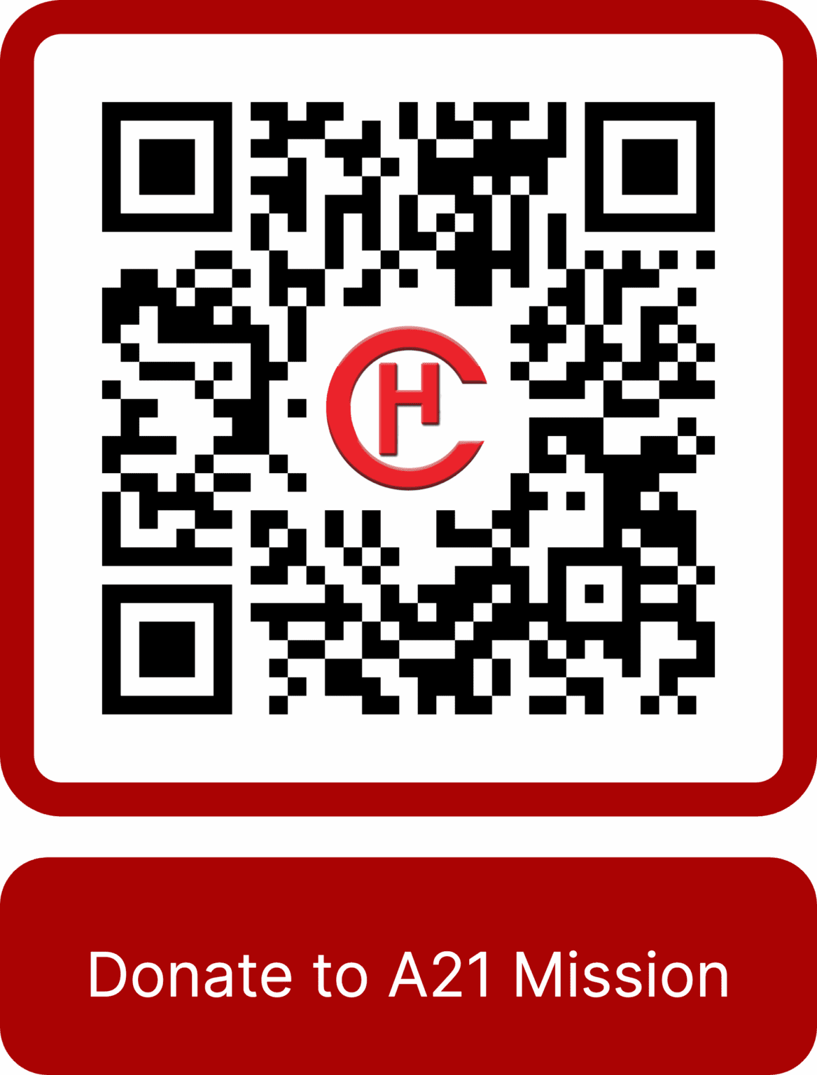 A QR code with a red and white logo on a red background.